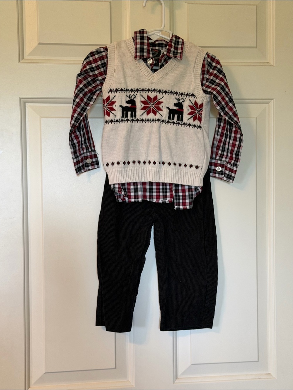 Dockers Kids White Fair Isle Vest with Red & Black Plaid Shirt and Corduroy pant